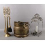 A fireside companion set, coal bucket and decorative metal candle holder. Fireside companion : H: