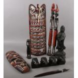 A quantity of wood & treen. To include tribal figures, masks & bookmark etc.