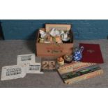 A box of miscellaneous. Including National Cricket team photographs with printed signatures, vintage