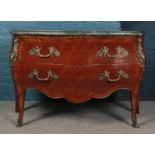 A bombe shaped commode with green marble top and quarter veneer. Comprising of two long drawers with