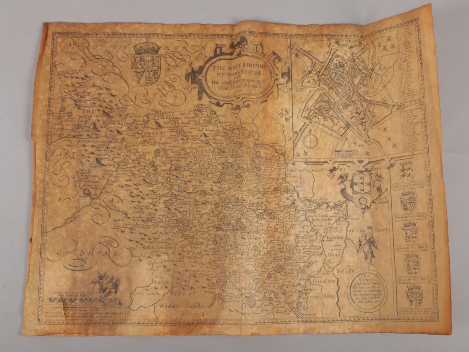 After John Speede, A map of The West Ridinge of Yorkshyre, dated 1610 0n vellum. Tears around edges