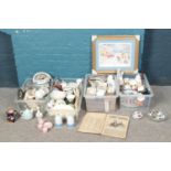 Four boxes of miscellaneous. Including Rupert print, Lladro style figure, Reynold's political