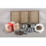 A printing block tray with letters and box of assorted metalwares. To include a bag of wooden