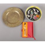 Three pieces of oriental ware. Including bronze gilt plate decorated with engraved dragons, hand