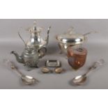 A quantity of metalwares. Including I.Tyler antique pewter teapot with white metal finial, copper