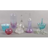 A quantity of glassware. Vintage perfume bottles, Caithness vase, swan paperweights etc Chip on