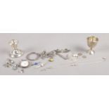 A collection of silver oddments. To include Swiss fob watch, Chester assayed egg cup and filled