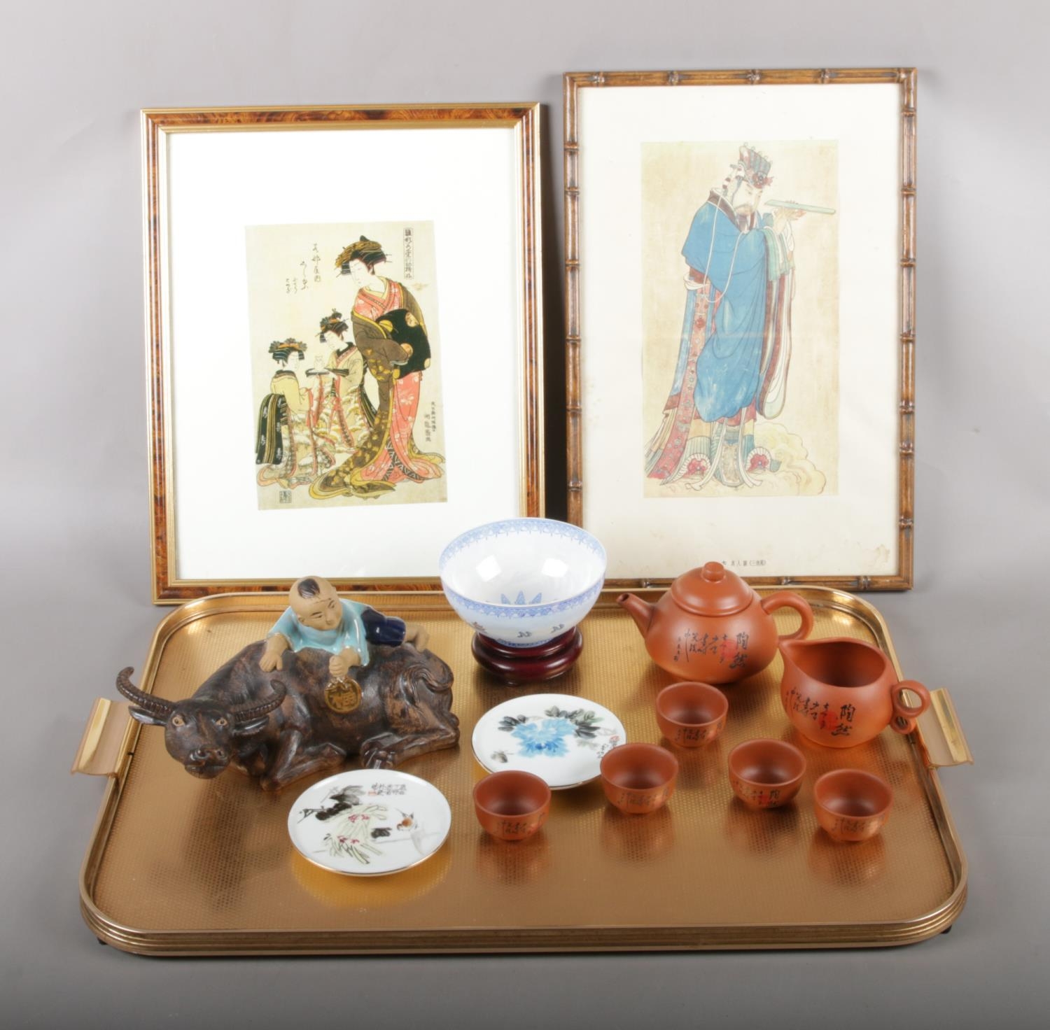 An assortment of oriental objects. To include an egg shell bowl on stand, terracotta teaset and