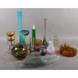 A collection of glassware. Wedgwood vase, Caithness vases, vintage glass fishing float etc
