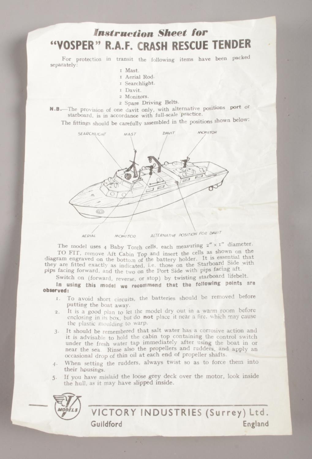 A boxed Victory Industries model of a Vosper RAF electric crash Fender. Powered by the 'famous' - Image 2 of 2