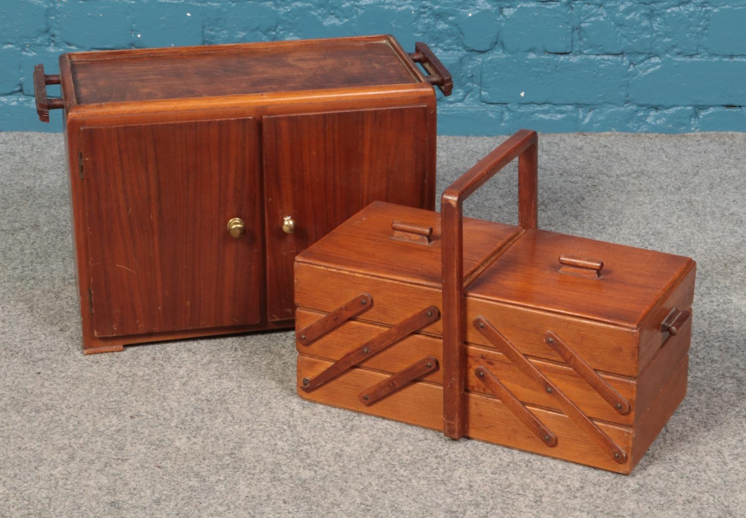 A mid twentieth century mahogany sewing cupboard, with lift-away cantilever box, with contents. 59cm - Image 4 of 4
