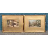 A pair of watercolour paintings depicting Haddon Hall. Both in gilt frames, one signed (indistinct).