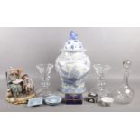 A collection of ceramics and glass. Includes large decorative oriental vase, Capodimonte figure,