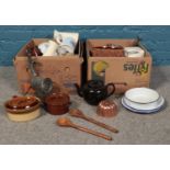 Two boxes of assorted Kitchenalia. Vintage teapots, mincer, lidded tureen, jelly moulds etc.