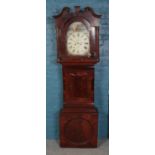 An 8 day mahogany cased longcase clock with painted dial depicting figures. Pieces of wood missing