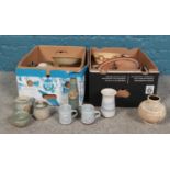 Two boxes of assorted studio pottery. Vases, mugs. dishes etc