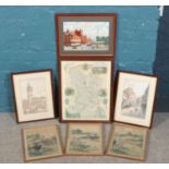 A quantity of pictures. Including three framed watercolours on silk depicting oriental scene, Map of