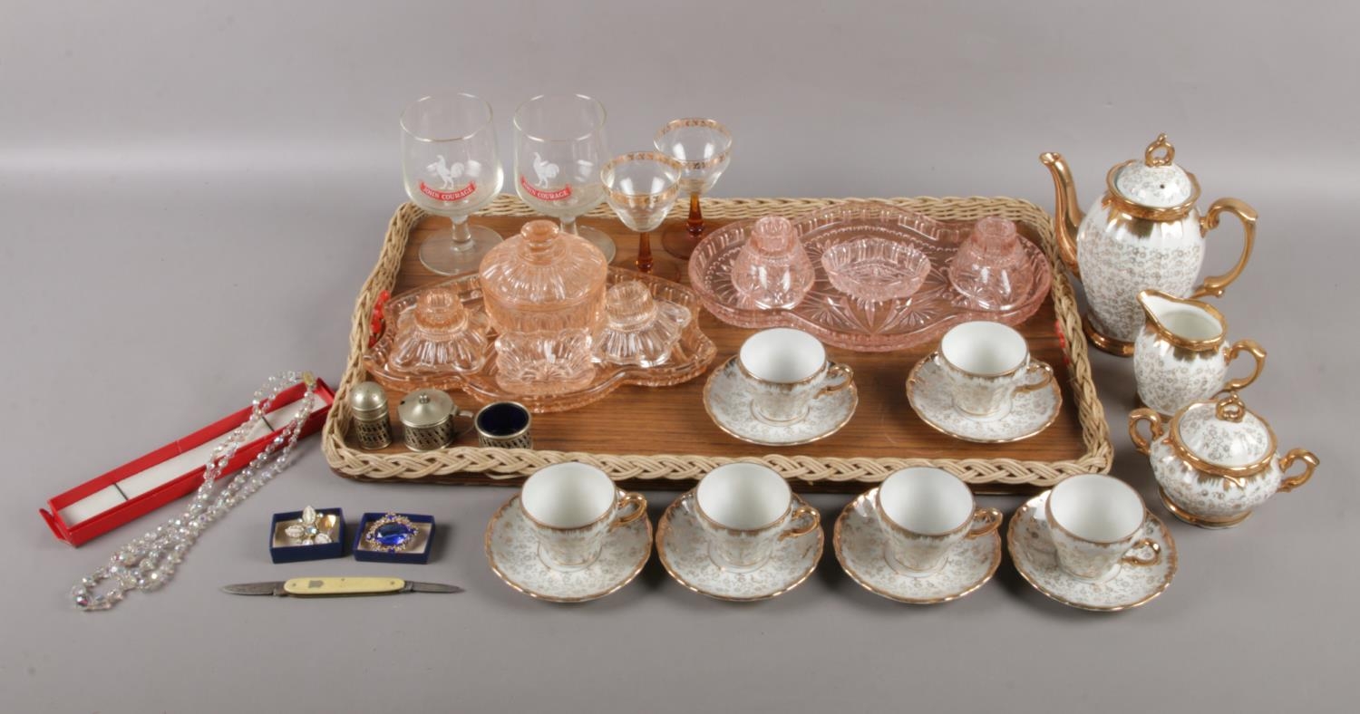 A tray of miscellaneous. To include two pink glass dressing table sets, a gilt and white coffee - Image 2 of 2