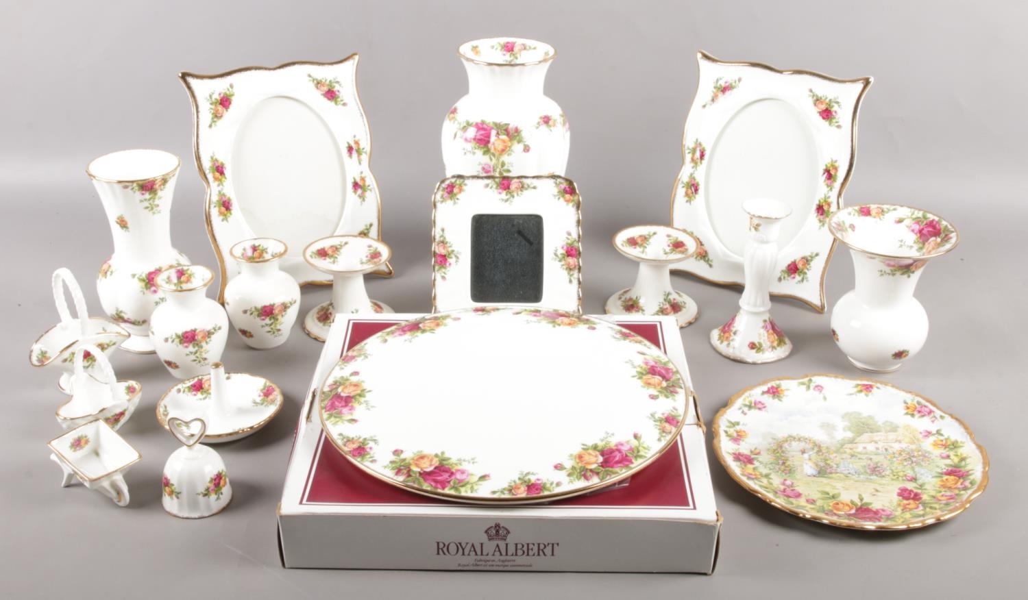 A collection of mainly Royal Albert Old Country Roses. Includes photograph frames, vases, A