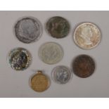 A small collection of coins, including British silver, bronze and foreign. Includes 1836 Four Pence,