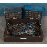 A large quantity of mainly spanners, adjustable spanners and pliers, together with two small