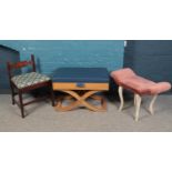 Three pieces of occasional furniture. Including mahogany upholstered chair, pink upholstered