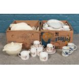 Two boxes of miscellaneous. Royal Doulton 'Festival' mugs, Queen Anne part coffee set etc