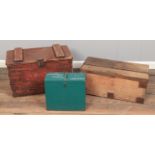 Two hinged pine chests, together with a bird transportation box. Largest: Width: 62cm, Height: 33cm,