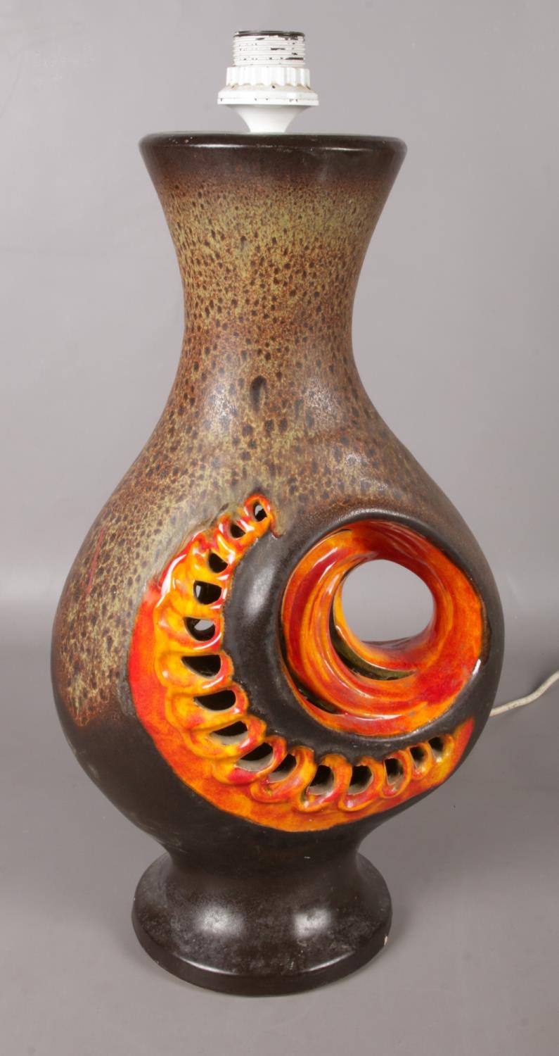 A large West German pottery table lamp. (56cm)