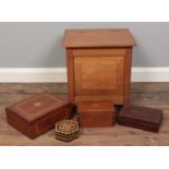 Five storage/jewellery boxes. To include oak and shield inlay examples.