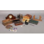 An assortment of collectables, to include a small cased set of chemical weights, an art deco photo
