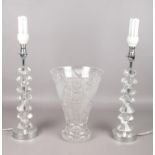 A pair of modern crystal table lights, together with large crystal glass vase (32cm high).