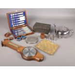 A quantity of collectables. Including raw amber, oriental metal box, floating dairy thermometer,