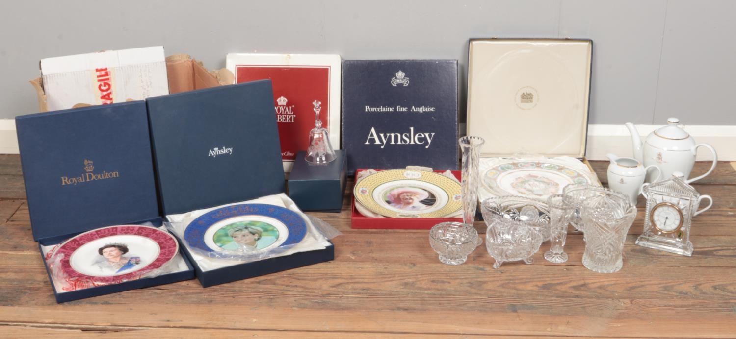 An assortment of Royal commemorative ware and cut glass. To include ceramic collectors plates