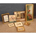 A quantity of pictures and mirrors. Including coloured engravings, painting of still life flowers on