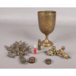 A selection of collectable brasswares. To include Indian goblet, embossed with figures and