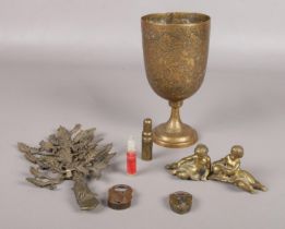 A selection of collectable brasswares. To include Indian goblet, embossed with figures and