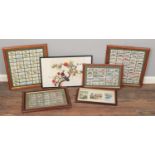 A quantity of framed cigarette cards along with a framed Chinese silk depicting bird of prey.