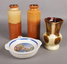 Three West German pottery vases 203-26, 620-20 and a Schramberg dish.