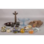 A quantity of miscellaneous. Glass paperweights, glass inkwell with velos bakelite lid, glass blue