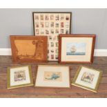 Five pictures/prints. Includes Charles Glover prints, framed Will's cigarettes, marquetry wooden