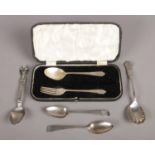 A selection of silver and silver plated cutlery. To include two Georgian silver teaspoons, a boxed