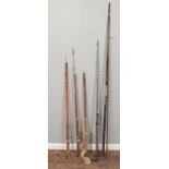 Five vintage fishing rods. Including Hardy, Shakespeare, Allcock example, etc.