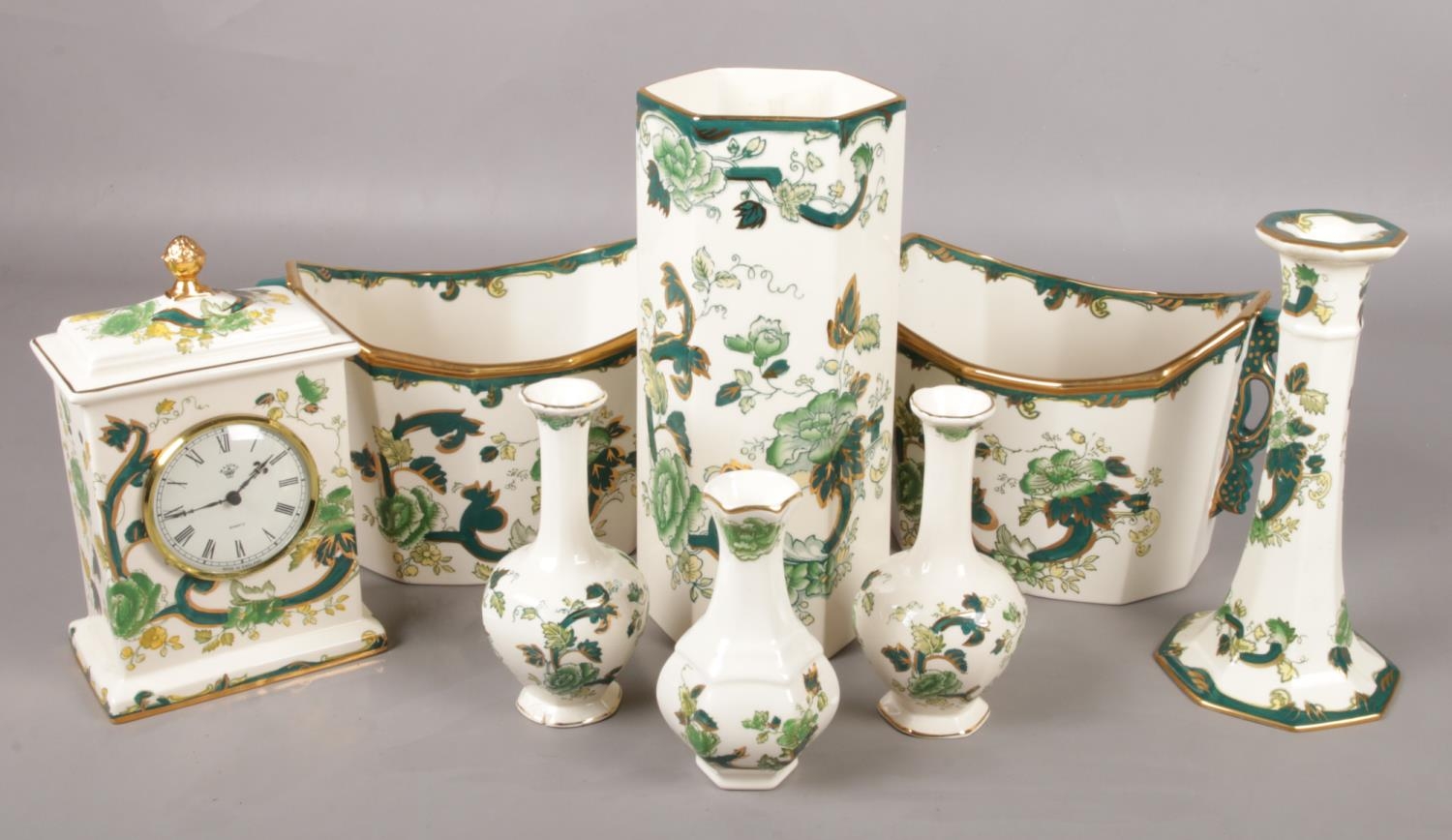 A collection of Masons Chartreuse pattern ceramics. Includes a pair of planters, vases, clock,