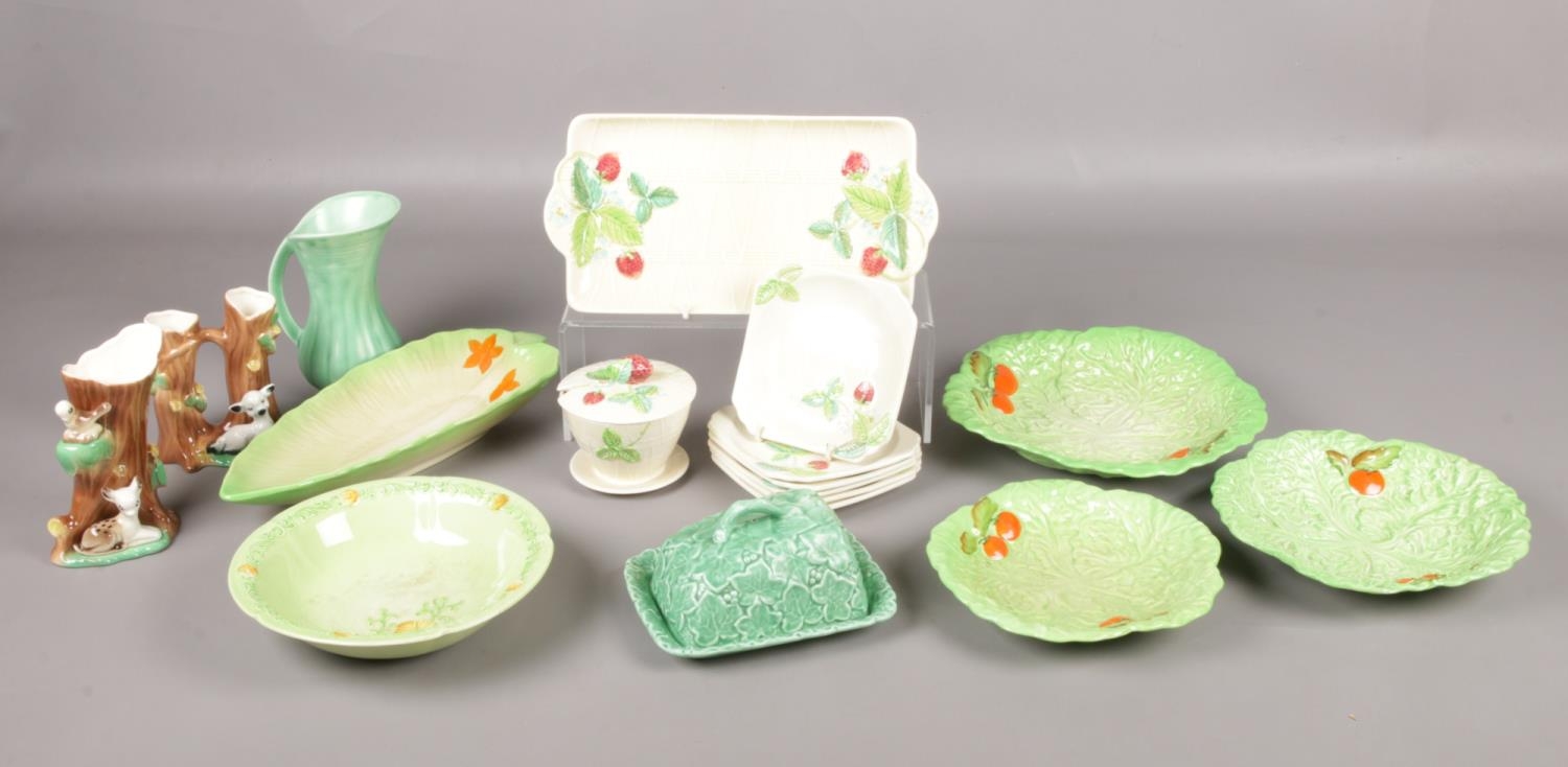 A selection of named ceramics. To include Beswick strawberry pattern sandwich platter, tea plates