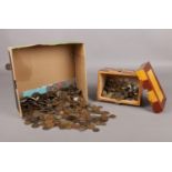 Two boxes of assorted UK & World coins. To include Victorian pennies, 1940's half crowns,