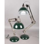 A pair of modern articulating anglepoise lamps, with Sacramento green enamel shade and base. In