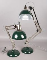 A pair of modern articulating anglepoise lamps, with Sacramento green enamel shade and base. In