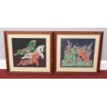 Two modern Indian silk paintings, in carved hardwood frames.