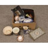 A box of miscellaneous. Includes Royal Albert, Royal Doulton vase, continental figures, Sheffield At